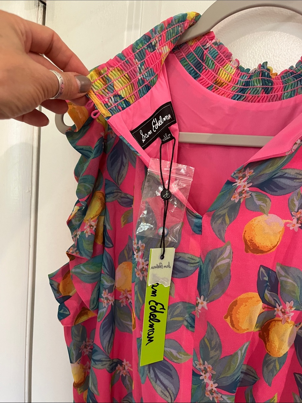 Sam Edelman Tropical Lemon Print High Neck Chiffon Shift Dress Size 12 Pink NWT - Picture 7 of 11